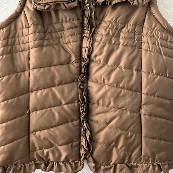 New Directions Brown Puffer Vest W/ Faux Fur Collar And Ruffle Detail Womens XL - Picture 4 of 12